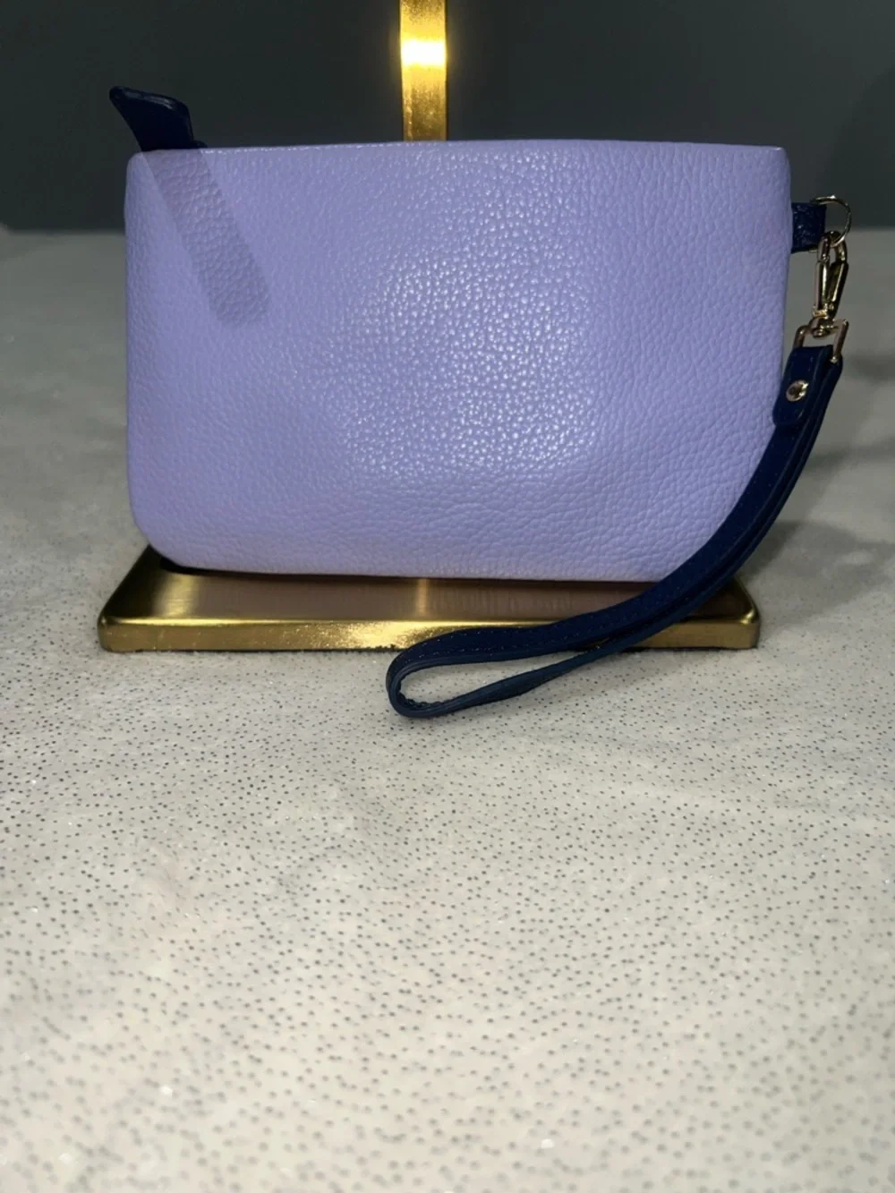 Isaac Mizrahi Lavender Leather Wristlet with Navy Blue Strap